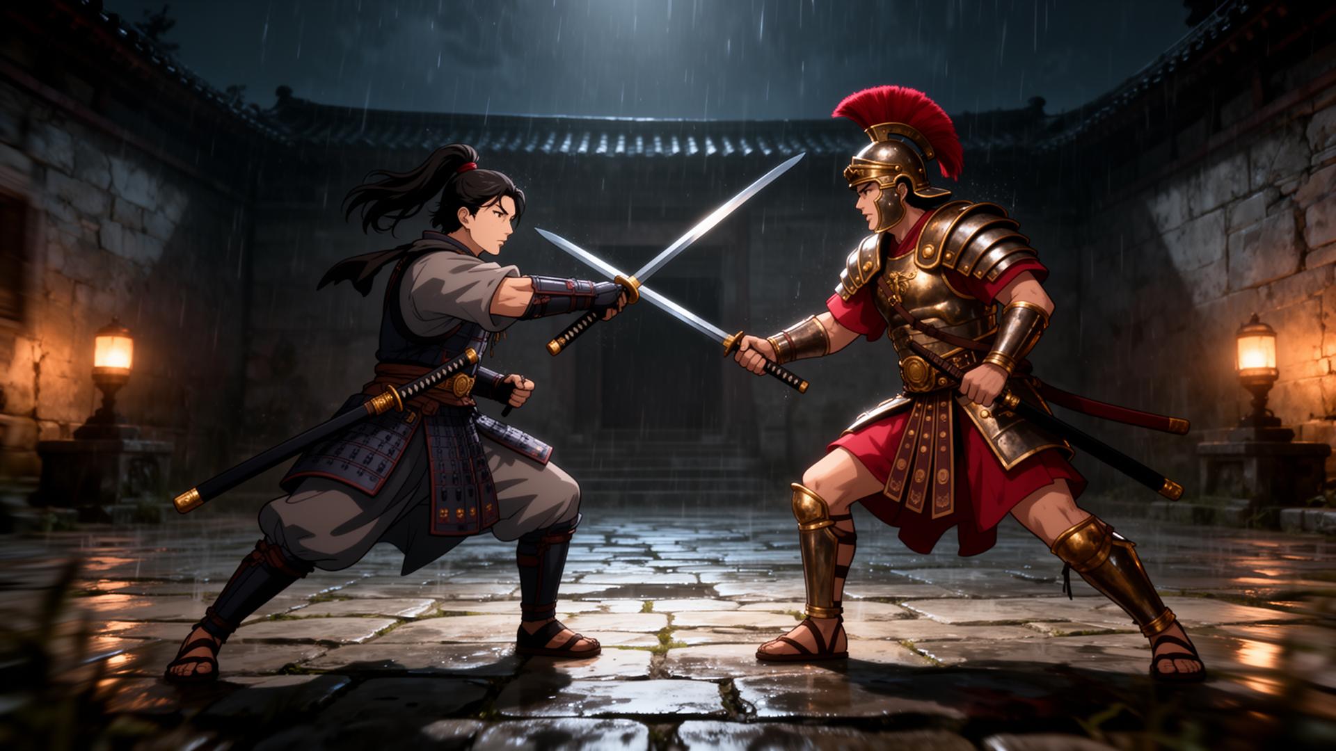 A samurai and a Roman gladiator duel in a rain-slicked courtyard